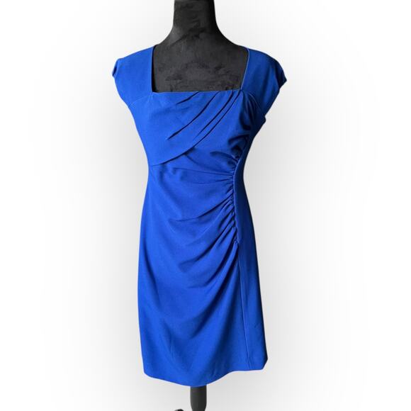 Tahari Women's Royal Blue Square Neck Rouched Sheath Cocktail Dress Size 6P - Picture 1 of 16